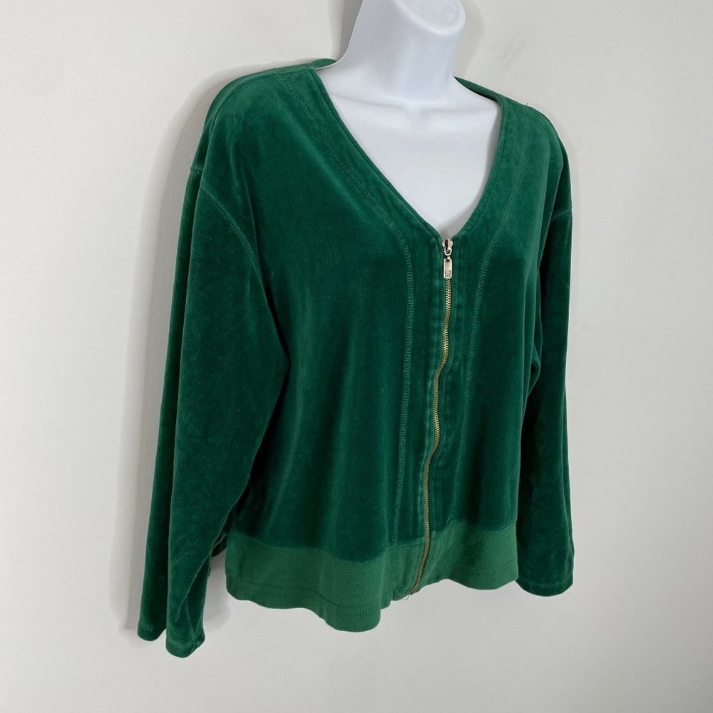 Vintage Y2K Womens VELOUR Jacket Sz LP Dark Green FULL ZIP Long Sleeve Holiday - Picture 5 of 12